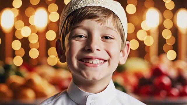 Young Muslim boy smiling. Happy child wearing kufi and thobe for Eid or Ramadan celebration. Joyful festive portrait