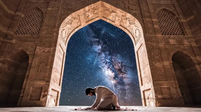 Muslim man performing Salat prayer in an ancient mosque archway. Spiritual devotion under a starry night sky with the Milky Way. Islamic architecture and cosmic wonder
