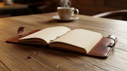 Fototapeta premium A leather-bound notebook lies open on a wooden table with a steaming cup of coffee in the background