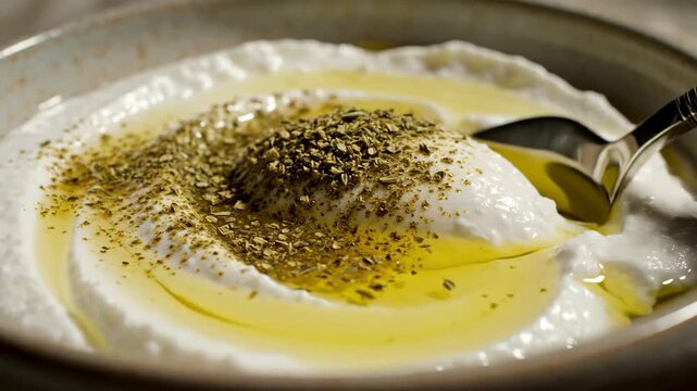 Creamy Labneh with olive oil and zaatar being scooped with a spoon. Traditional Middle Eastern breakfast or mezze. Halal food for Ramadan and Iftar
