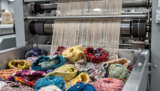 Closeup medium view of knit textile offcuts fed into spinning equipment highlighting ecofriendly yarn production from discarded fabric pieces.
