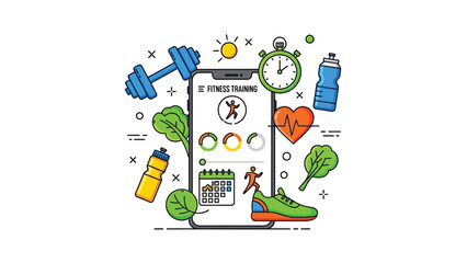 Digital fitness tracking application surrounded by workout equipment and healthy lifestyle elements