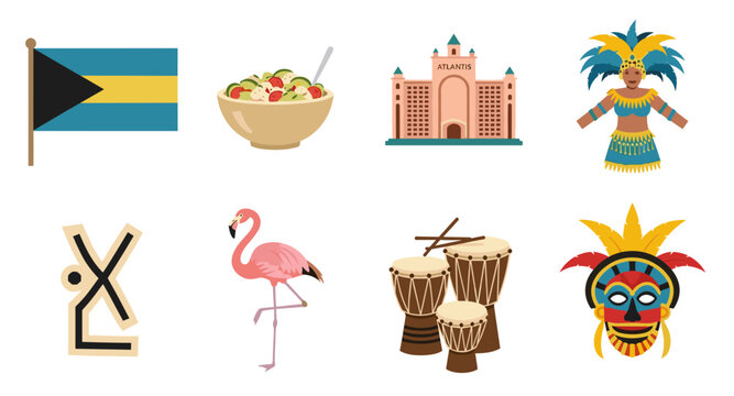Bahamas travel icons: flag, food, resort, carnival dancer, symbol, flamingo, drums, mask