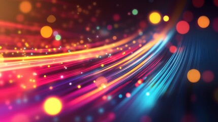 Colorful lights and trails flow in a digital background representing data transfer and connectivity in a tech environment
