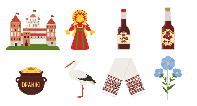 Belarusian cultural symbols including castle, doll, drinks, stork, textile, and flax flowers
