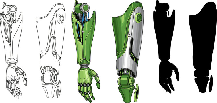 Artificial bionic robotic leg and hand limbs set featuring line art, mechanical color, and silhouette versions set.