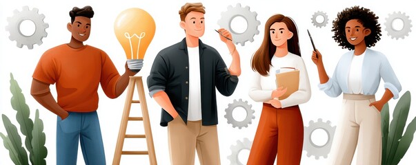 Diverse professionals collaborate on a creative project, sharing ideas and building a bright future