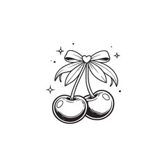 Decorative black and white line art of cherries tied with a ribbon and surrounded by sparkles.