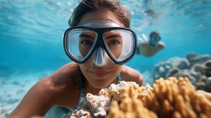 Young woman wearing a diving mask is snorkeling underwater exploring a beautiful coral reef in a crystal clear tropical sea, enjoying the vibrant marine life and the thrill of watersports adventure