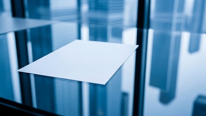 A blank white card floats in front of a glass window reflecting a cityscape with tall buildings