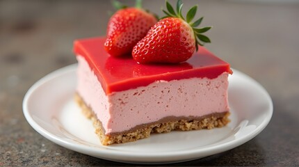Strawberry mousse cake slices on a white plate