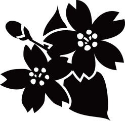 桜の花と葉とつぼみのシルエット白黒ベクター イラスト