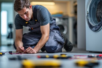 Person is kneeling in front of washing machine to check on its function in a laundry room at home during the day