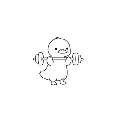 Obraz premium Cute Duck Weightlifting. Adorable black and white line illustration of a duck lifting weights, symbolizing strength, motivation, and playful fitness.