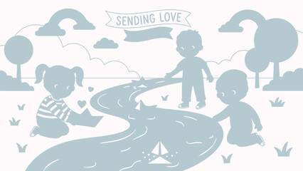 Obraz premium Diverse Kids Sending Love: Cute Illustration of Children Launching Origami Paper Boats in River with Rainbow and 