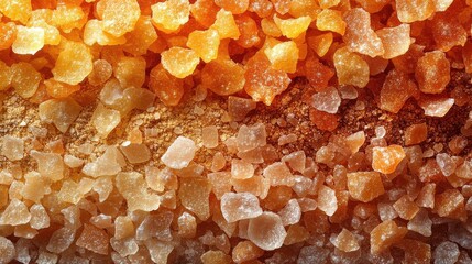 Close up of sparkling coarse sugar crystals in warm gradient orange and yellow tones with sunlight