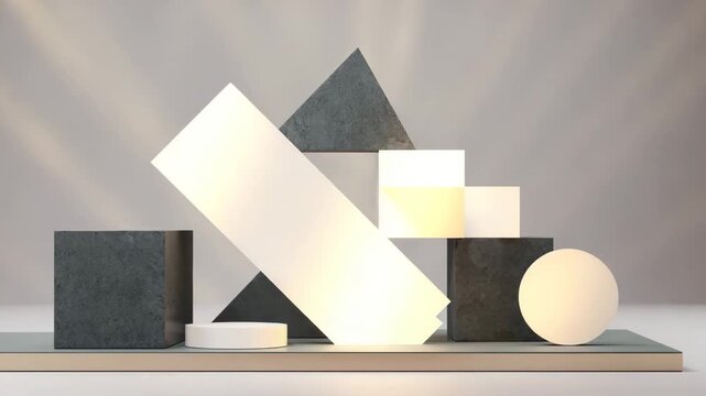 The shapes shift slowly into alignment The camera remains locked Subtle light pulses move across surfaces Cinematic realism