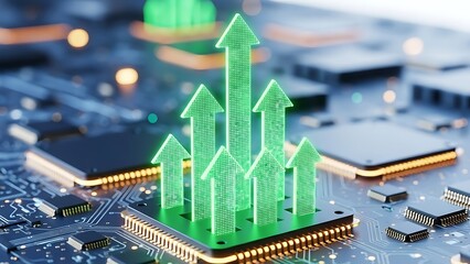 Green arrows rising on a computer circuit board background