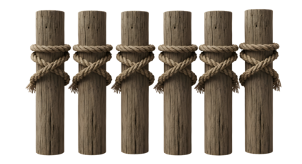 Rustic wooden posts tied with rope on black background