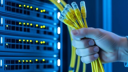 a hand holding ethernet cables in front of a server