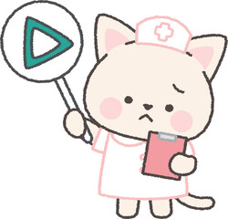 三角印の札を持った白ネコの看護師