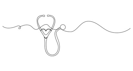 Minimalist one line art of medical stethoscope and heart symbol for healthcare