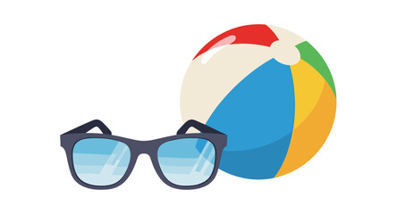 Summer vacation essentials: sunglasses and a colorful beach ball on a white background