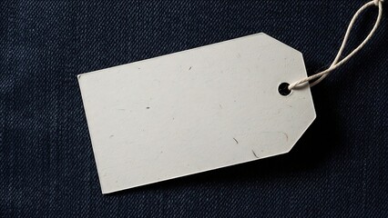 A blank white tag on a dark denim background viewed from above