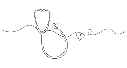 Continuous line drawing of a medical stethoscope and heart symbol on white background