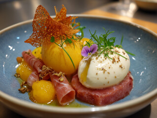 Burrata melon prosciutto salad with poached egg plating