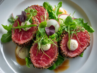 Seared tune slices plating with microgreens and radish