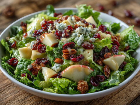 Fresh green salad with apples cranberries pecans and blue cheese