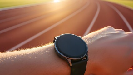 A person wearing a smartwatch on a running track at sunrise