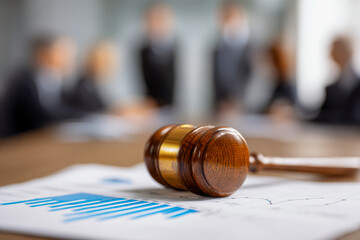Wooden judge gavel resting on financial documents during a formal business meeting with blurred professionals in suits discussing data in the background