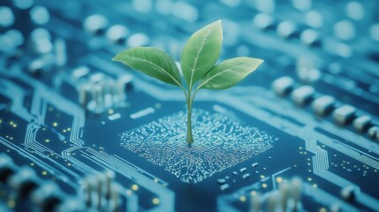 Digital evolution shows a seedling growing from a circuit board, highlighting the connection between nature and technology in the modern world of innovation and growth