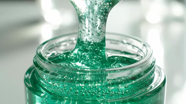 A spoon scoops green hydrating gel from a glass jar. Macro shot of a cosmetic serum's viscous texture with bubbles. Skincare and beauty product demonstration