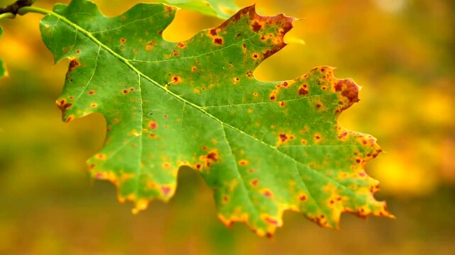 Close up of a green oak leaf with brown spots in autumn.