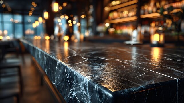 Close-up view of a sleek black marble bar counter with white veins, set against a blurred background of a dimly lit bar with warm lights.