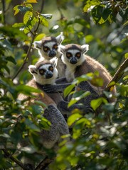Obraz premium Curious lemurs playfully interacting amidst lush green foliage