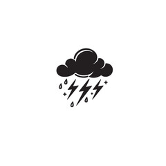 Bold black illustration of a storm cloud with lightning and raindrops.