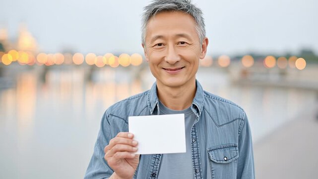Smiling man holding blank card with blurred cityscape background