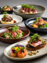 Gourmet food plating with various delicate seafood dishes