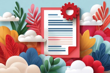 Creative document being transformed with a gear icon in a colorful flat art scene