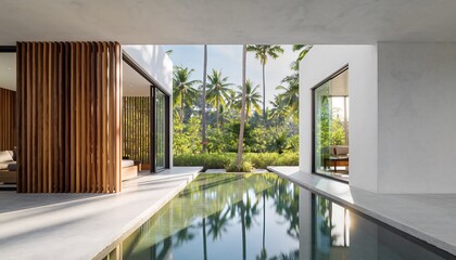 Modern indoor pool with lush greenery reflection