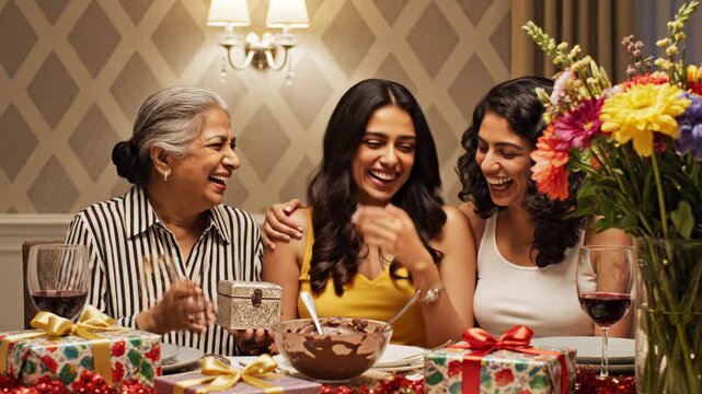 Three women at a festive dinner table