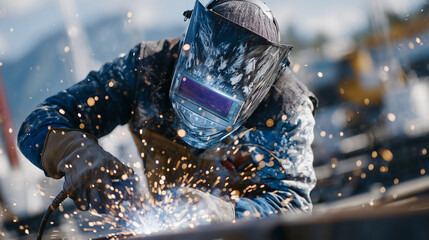 Close-up of a veteran trainee welding metal during a vocational course, sparks flying, protective gear visible, dramatic lighting symbolizing transformation and new career paths