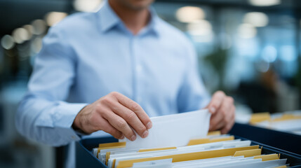 Close-up of hands sorting and organizing paper files into labeled folders, modern office background softly blurred, concept of efficiency, structure, and workplace organization