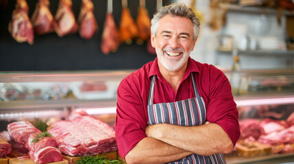 Smiling butcher in shop showcasing quality cuts of fresh meat for sale