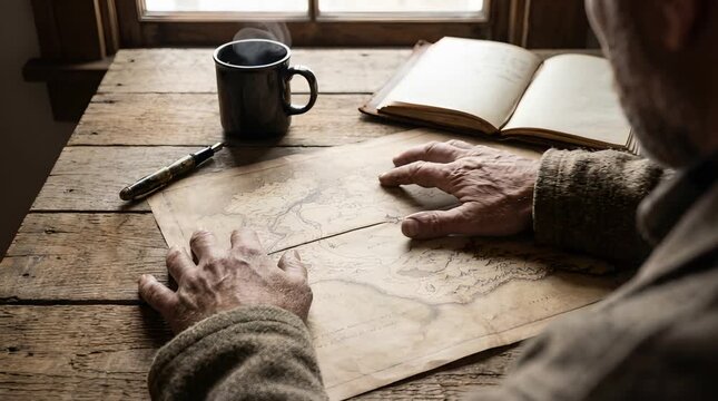 Man Examining Map on Rustic Wooden Table with Coffee Mug and Open Journal Under Window Light