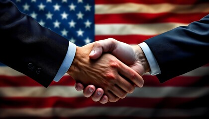 Handshake between two people in front of the United States flag during an event signifying partnership and cooperation for a better future together Generative AI